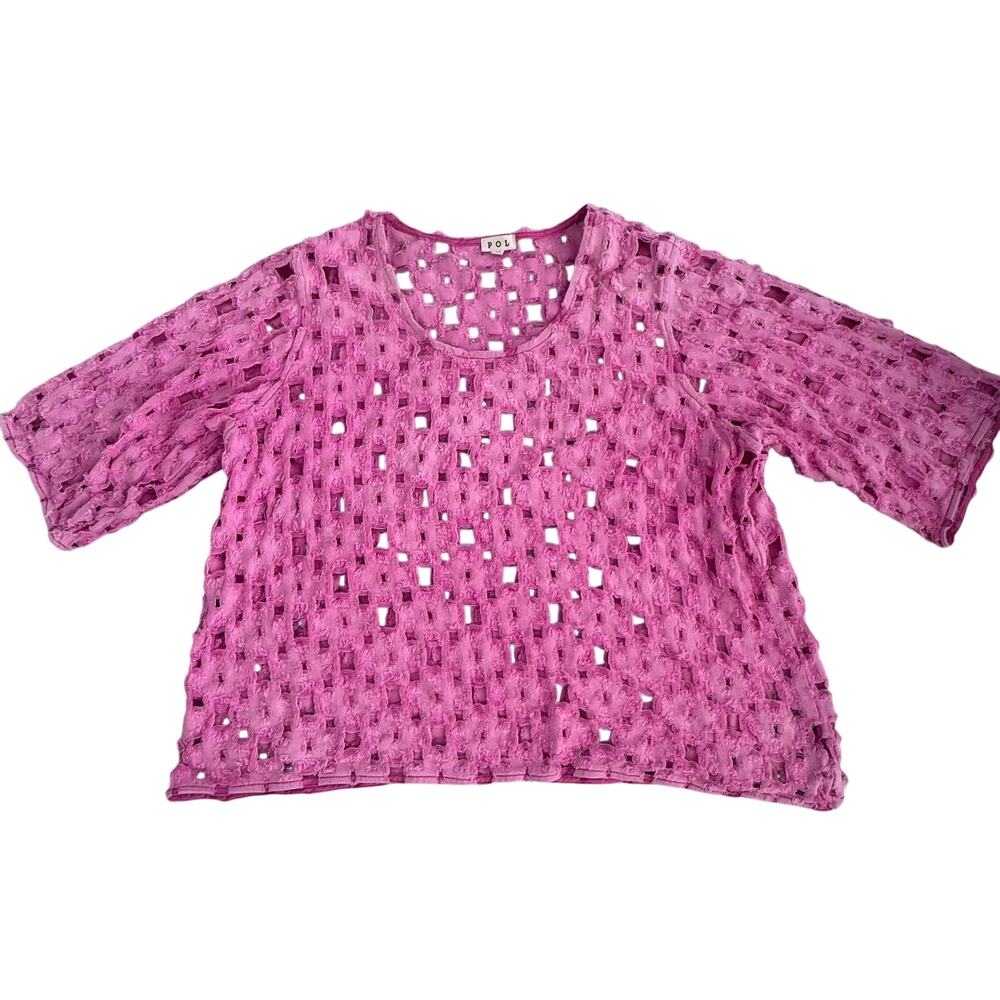 POL Pink Distressed Cutwork Top Open Weave Lattice Blouse Size M Boho Oversize